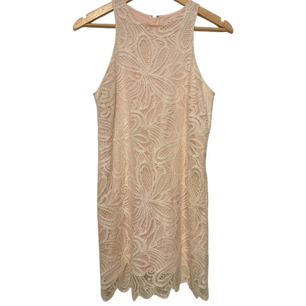 Babaton white lace over pink Halter Mini shift Dress Size 4 - Picture 3 of 13